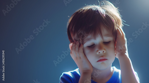 Sad stressed stubborn little cute kid boy sit alone hiding feel scared upset lonely abused preschool child close ears not listening suffer from earache showing rebellious naughty behav : Generative AI photo