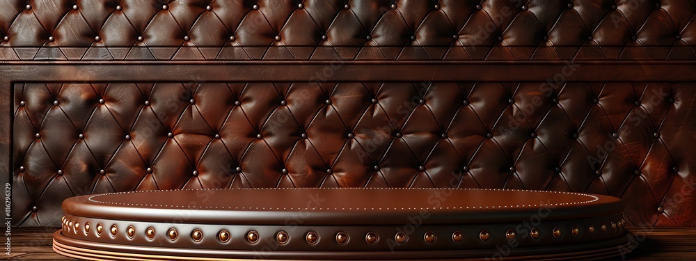 The image shows a brown leather tufted back and seat bar stool with a dark wood top. The image shows a brown leather tufted back and seat bar stool with a dark wood top.