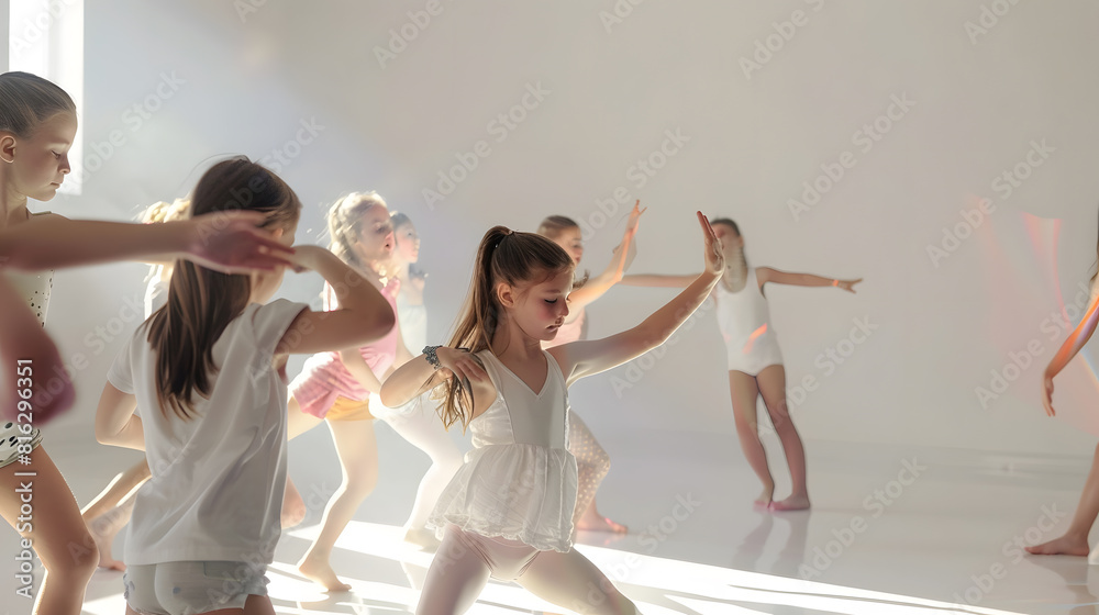 Naklejka premium Group of kids having dance class Woman teacher teaches girls ballet like movements Children dancers rehearsing new choreography in spacious light white room at modern gym or dance scho : Generative AI