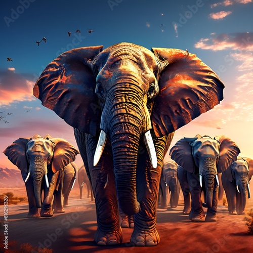 elephants at sunset migrating 