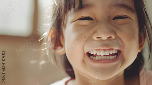 Happy Little asian girl child showing big smile and laughing Healthy happy funny smiling face young lovely female kidJoyful portrait of asian elementary school student : Generative AI photo