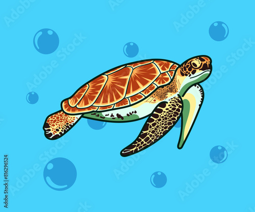 illustration of a sea turtle underwater with vivid colors