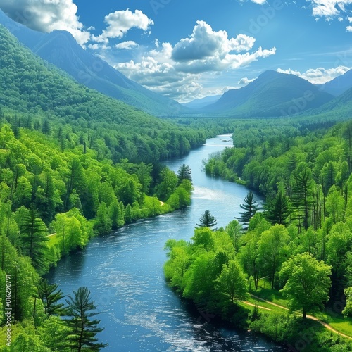 Spectacular mountain landscape with serene river flowing through dense green forest under a clear blue sky with fluffy white clouds photo