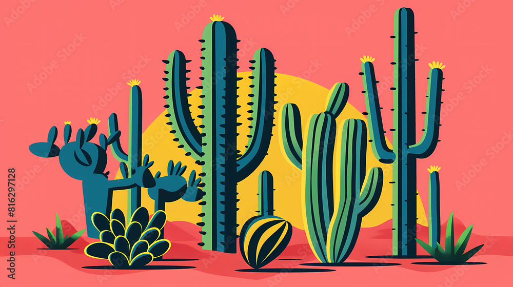 Obraz premium Brightly colored pop-art illustration of cactus