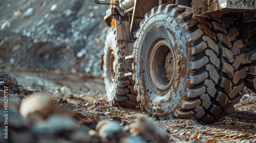 Close-Up of Truck s Sturdy Tires on Rugged Terrain