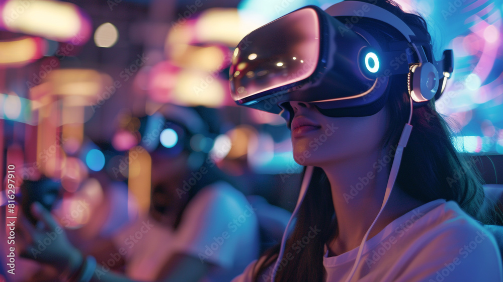 People with VR glasses playing virtual reality game. Future digital technology and 3D virtual reality simulation modern futuristic lifestyle.