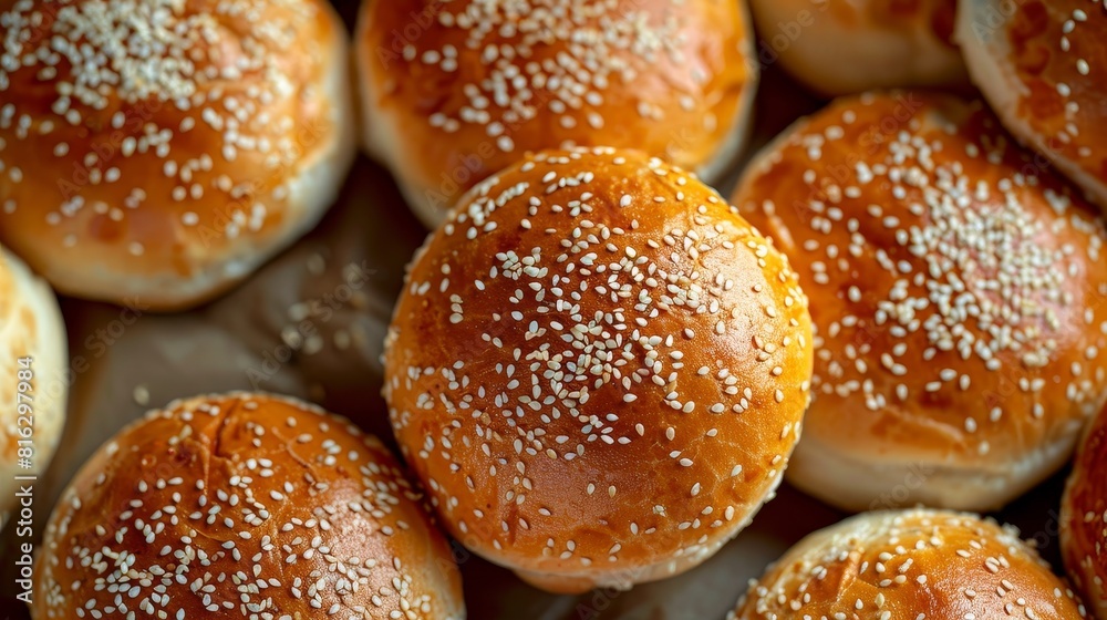 Top view close-up of classic sesame seed burger buns, highlighting their golden exterior and soft texture, isolated for advertising clarity