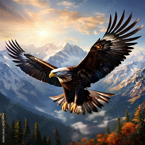 american bald eagle flying in the mountains photo