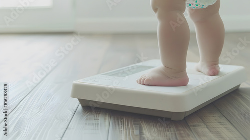 Baby girl with barefoot standing on weight scales on wooden floor at light gray wall background Closeup Front view Care about body Weight control concept : Generative AI