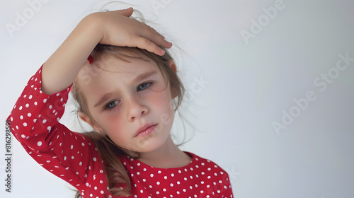 Child with headache holding hand on forehead on white background caucasian little girl 56 years in red looking at camera : Generative AI