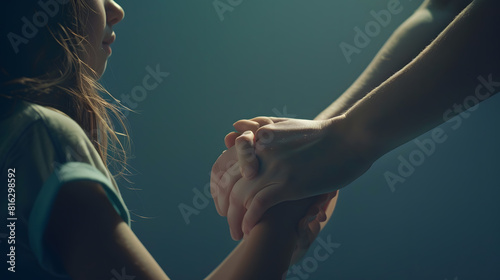 Woman and teenager girl holding hands close up cropped shot Adult person psychotherapist mother giving support care compassion to young teen kid helping to cope with depression problem : Generative AI photo