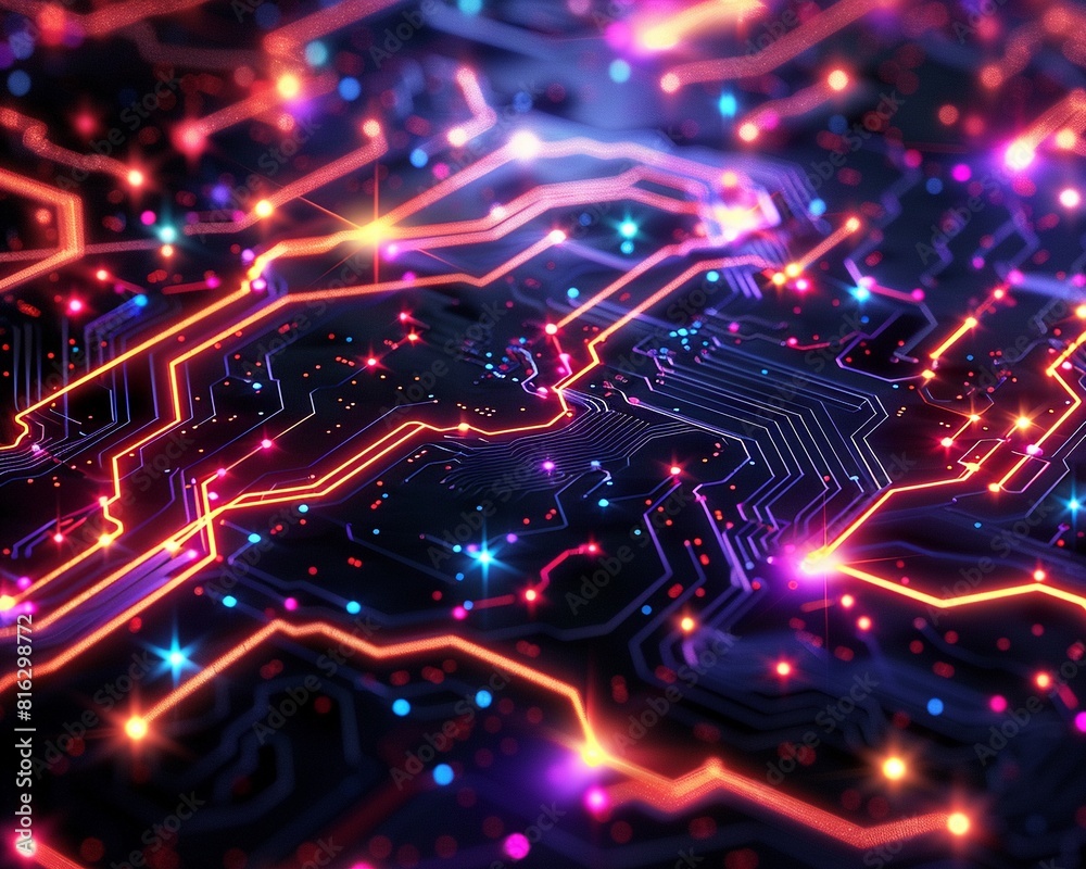 An abstract circuit board with glowing nodes and connections The colors are vibrant and the image has a futuristic feel An abstract circuit board with glowing nodes and connections The colors are vibrant and the image has a futuristic feel