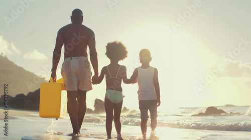 Rear view of african american family with swimming float cooler walking at beach towards seascape Copy space unaltered parents together childhood picnic nature vacation enjoyment summe : Generative AI photo
