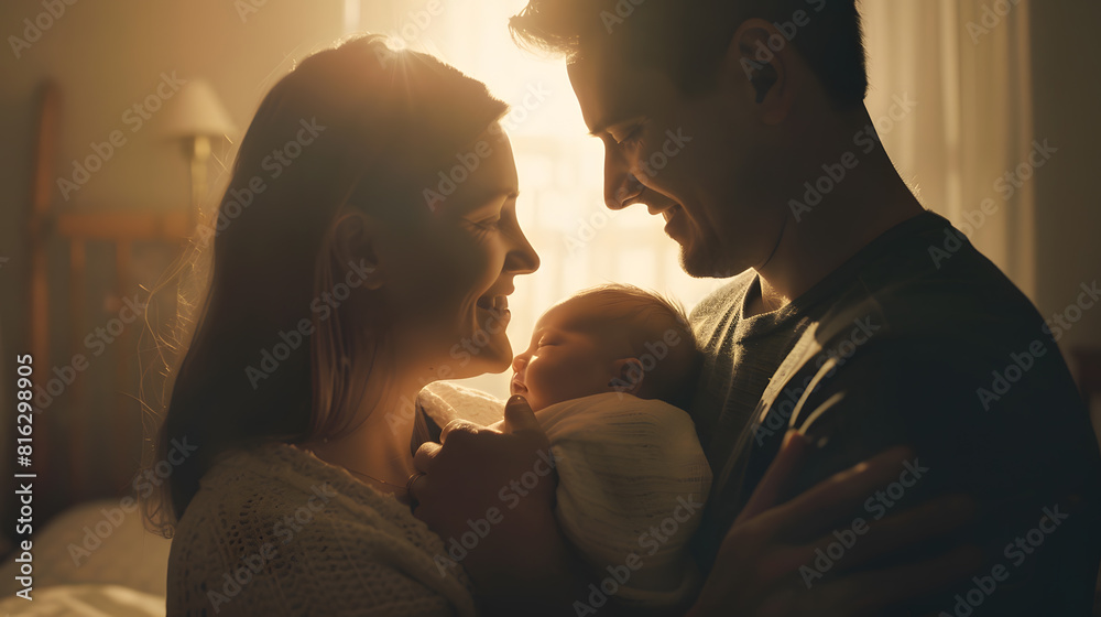 Proud mother and father smiling at their newborn baby daughter son at home : Generative AI Proud mother and father smiling at their newborn baby daughter son at home : Generative AI