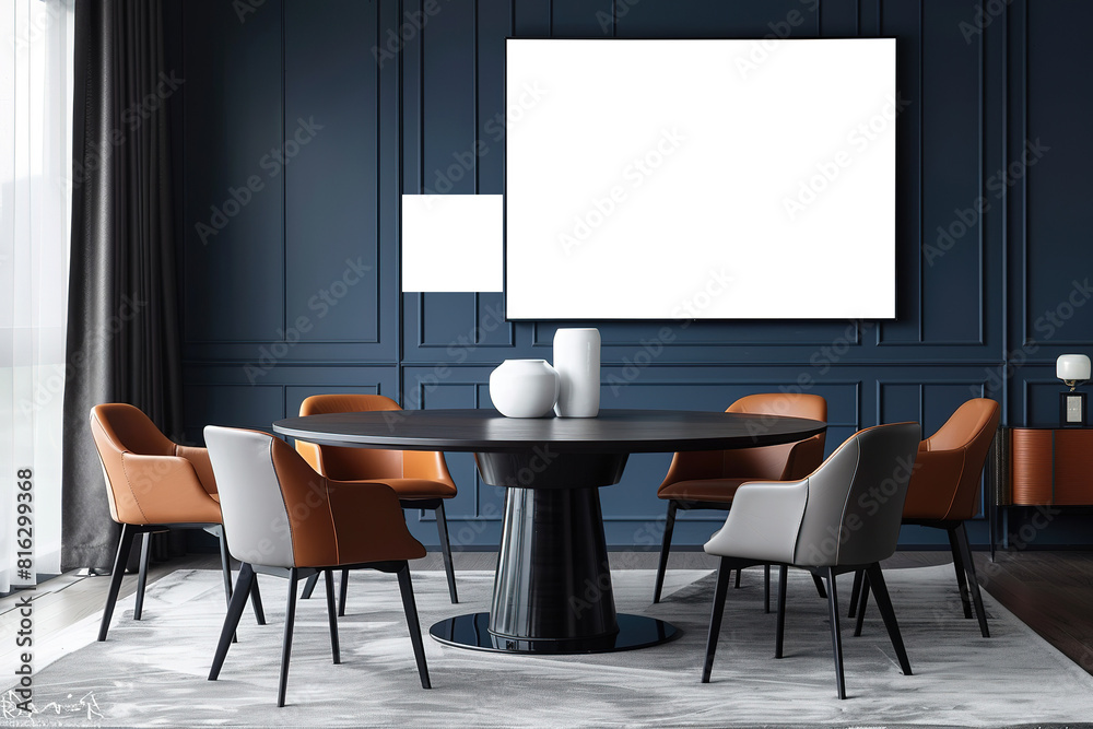 Business interior design mockup of dining room featuring round dining table, leather chairs and abstract art work framed picture against dark blue wall Business interior design mockup of dining room featuring round dining table, leather chairs and abstract art work framed picture against dark blue wall