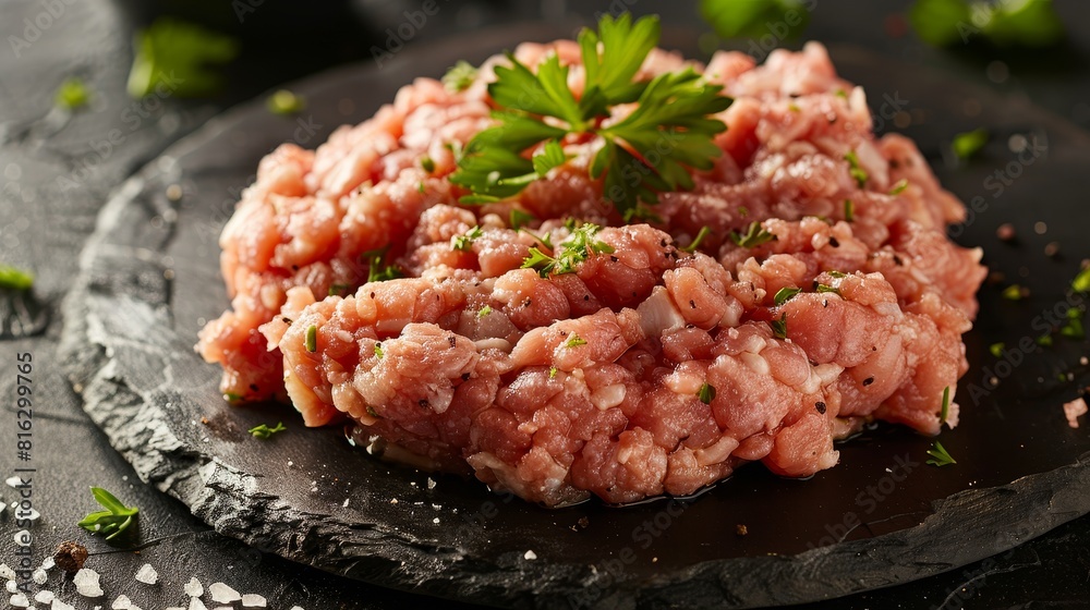 Isolated top shot of ground turkey, seasoned for turkey burgers, emphasizing its lean and healthy appeal, studio lighting Isolated top shot of ground turkey, seasoned for turkey burgers, emphasizing its lean and healthy appeal, studio lighting