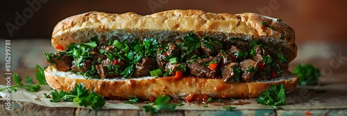 Egyptian Kebda Iskandarani Alexandrian Liver Sandwich, fresh foods in minimal style