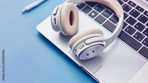 White wireless headphones on the edge of a laptop on a blue background. Minimalism, flat lay, copy space.
