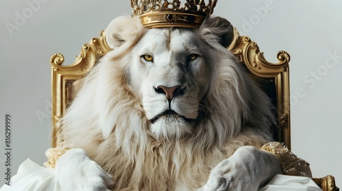 The Royal White lion with luxury dress costume. Close up Portrait King lion with throne and crown isolated on transparent png background. 