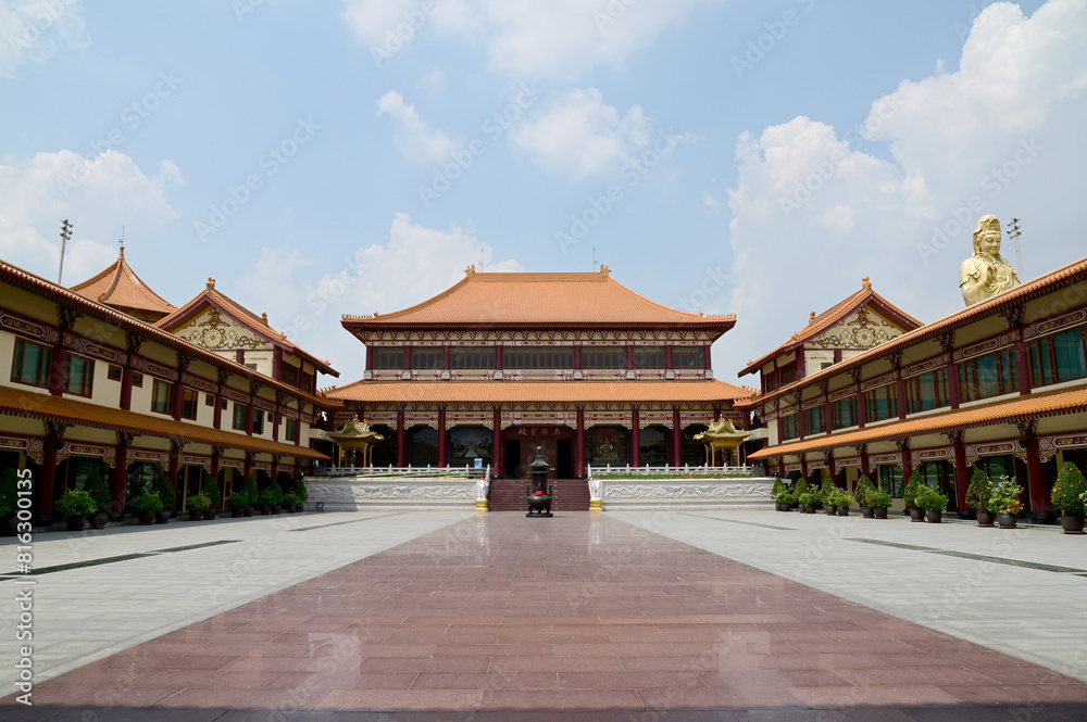 BANGKOK, THAILAND - May 16, 2024: Views of  Fo Guang Shan Temple Bangkok with blue sky background is one of famous tourist attractions in Thailand.