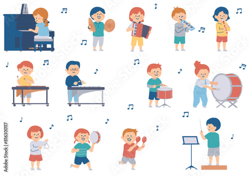 音楽室の楽器を演奏する小学生のイラスト