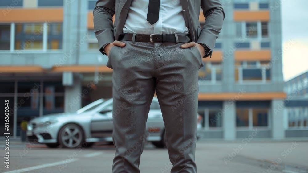 Man in suit with hands in pockets in front blue generic unbranded luxury sport car in modern parking lot Man in suit with hands in pockets in front blue generic unbranded luxury sport car in modern parking lot
