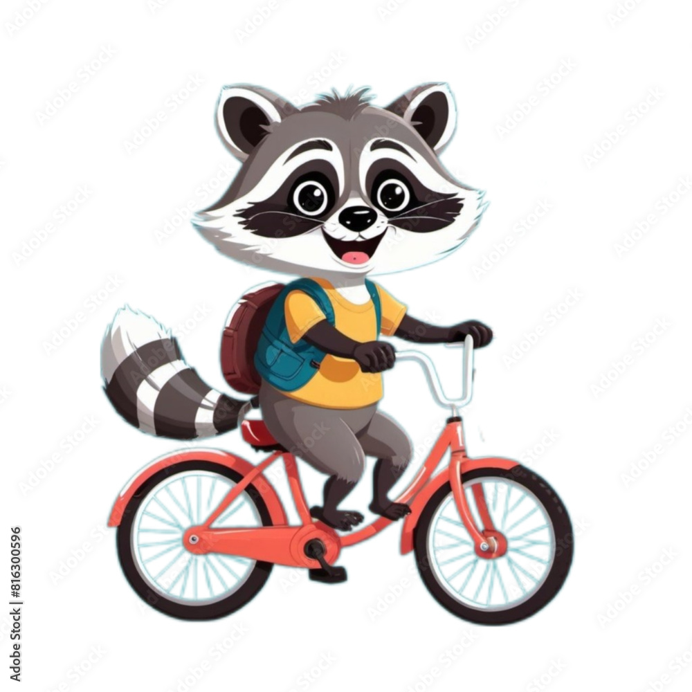 A cute raccoon is riding a bike happily