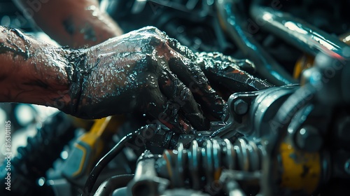 A close-up of greasy hands repairing a car's suspension components. photo