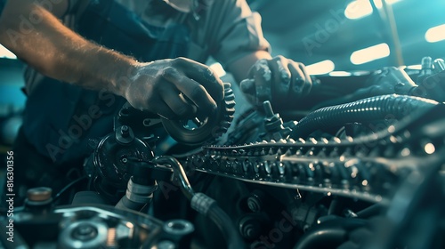 A mechanic adjusting the timing belt tension of a compact hatchback. photo