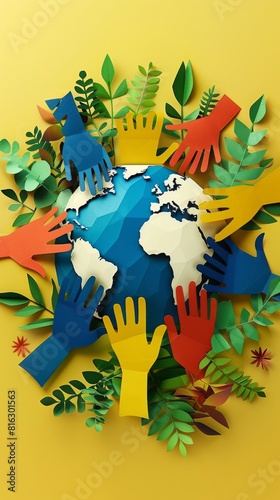 World Population Day. A colorful paper cut out of hands surrounding the earth. World day as diverse cultures and multiculturalism society.