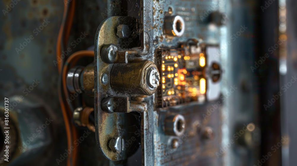 A closeup of a motion sensor light revealing intricate wiring and circuitry inside the metal casing.
