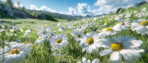 Sunny Meadow with Chamomiles and Mountain Background, Fresh Summer Scenery with Vibrant Flowers