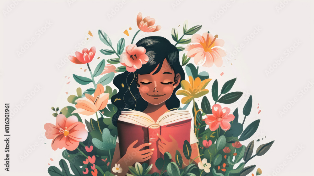 A Girl Enjoying Book with Floral Background