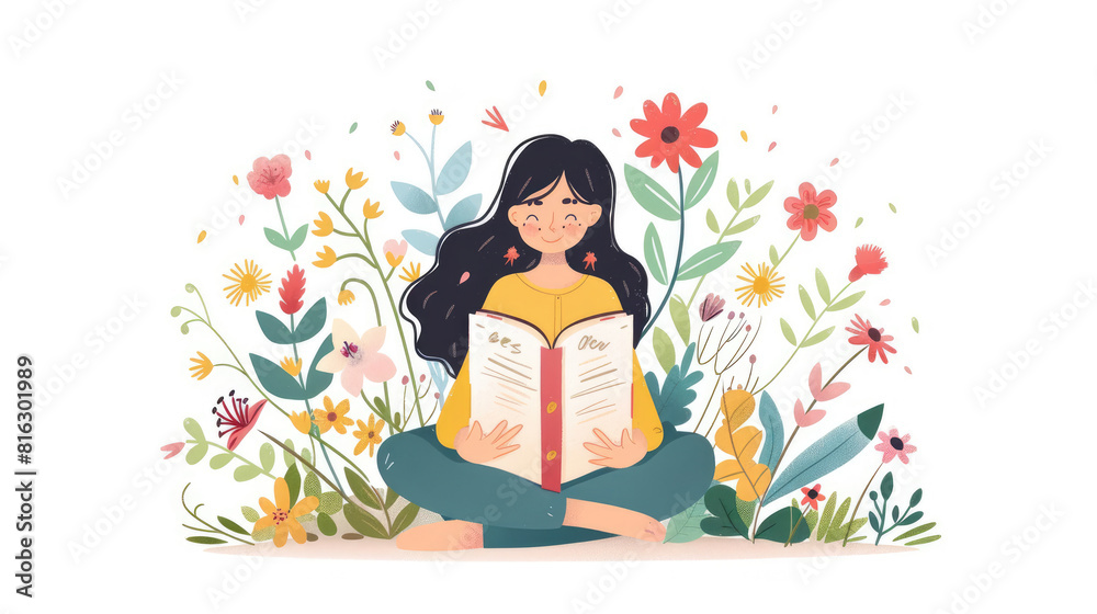 A Girl Enjoying Book with Floral Background A Girl Enjoying Book with Floral Background