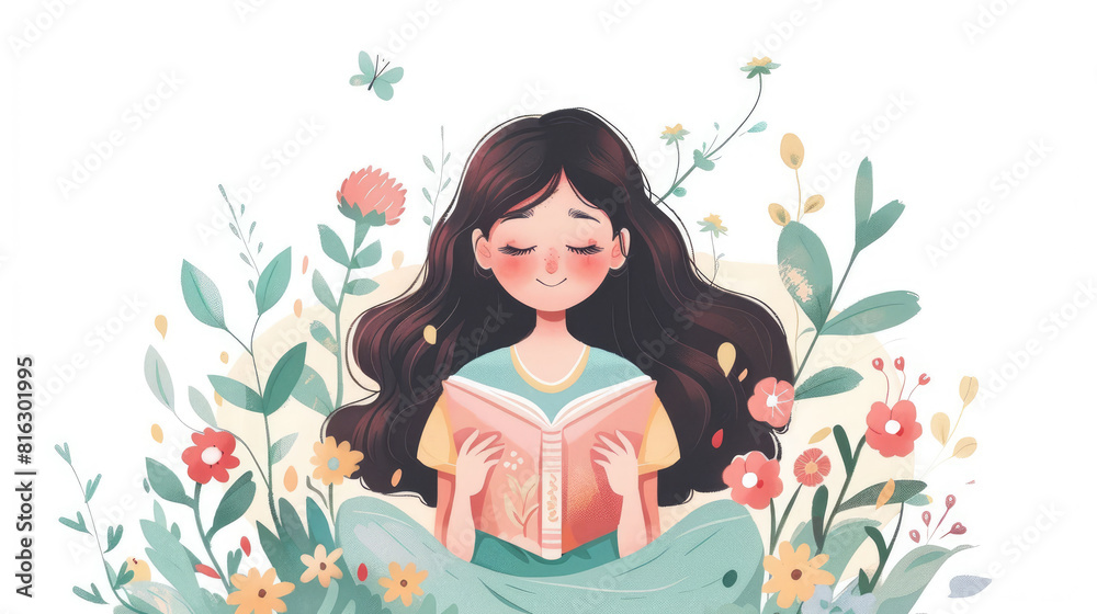 A Girl Enjoying Book with Floral Background A Girl Enjoying Book with Floral Background