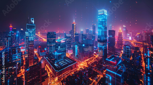 A breathtaking nighttime cityscape showing skyscrapers illuminated with vibrant neon lights in a bustling city.