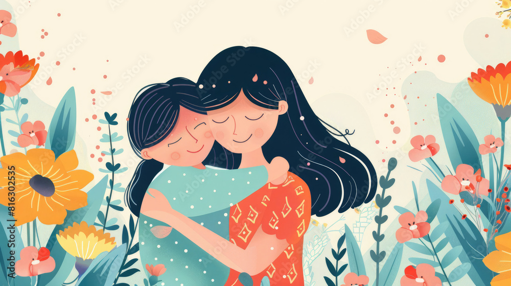 Mother's Day Celebration, Mom Hugging Daughter with Flowers Mother's Day Celebration, Mom Hugging Daughter with Flowers