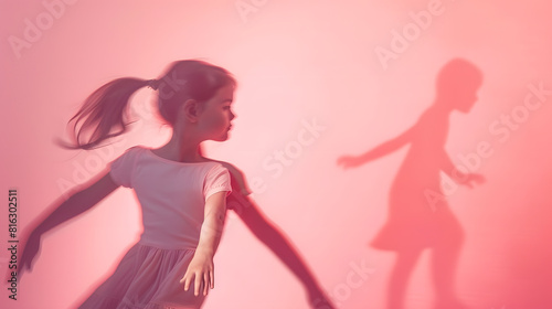 Childhood and dream about big and famous future Conceptual image with girl and drawned shadow of female figure skater on coral pink background Childhood dreams imagination education co : Generative AI