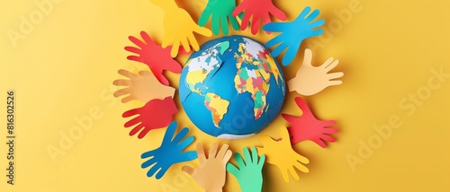 World Population Day. A colorful paper cut out of hands surrounding the earth. World day as diverse cultures and multiculturalism society.