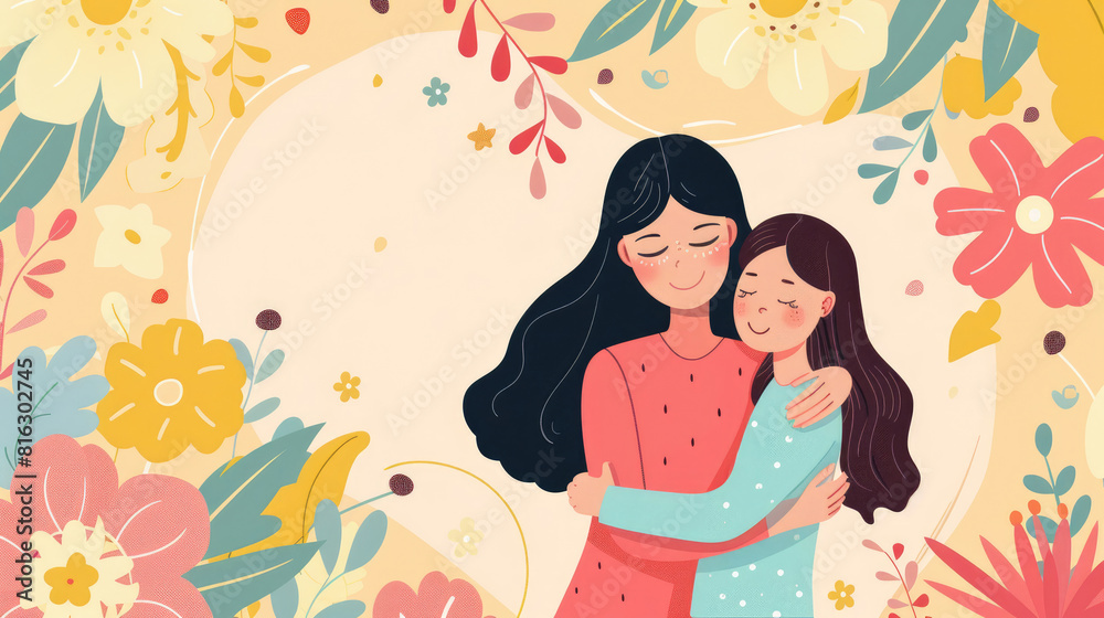 Mother's Day Celebration, Mom Hugging Daughter with Flowers Mother's Day Celebration, Mom Hugging Daughter with Flowers