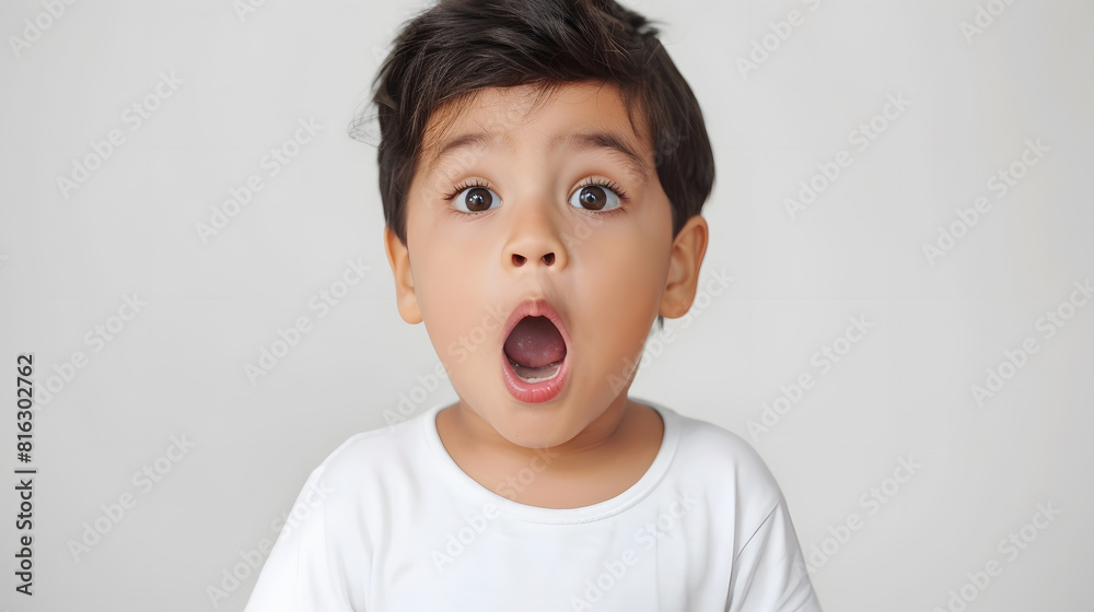 Little boy hispanic kid wearing casual white tshirt scared and amazed with open mouth for surprise disbelief face : Generative AI Little boy hispanic kid wearing casual white tshirt scared and amazed with open mouth for surprise disbelief face : Generative AI