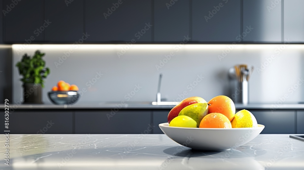 A bowl of fruit sits on a counter in a kitchen A bowl of fruit sits on a counter in a kitchen