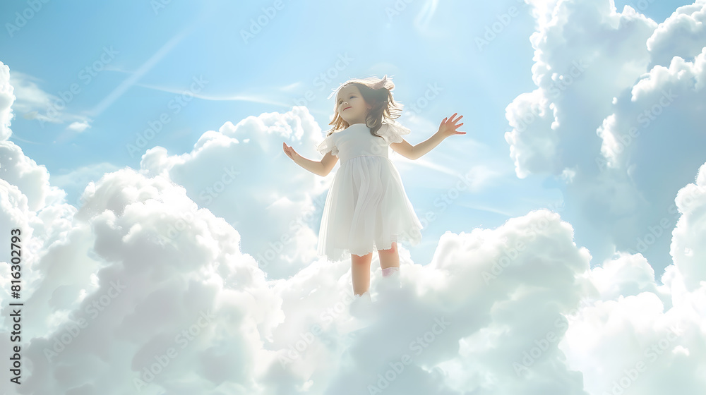 Flight on the cloud Creative contemporary collage with little girl standing on white cloud and flying Concept of childhood happiness dreams travels ad and fantasy Copy space for ad des : Generative AI Flight on the cloud Creative contemporary collage with little girl standing on white cloud and flying Concept of childhood happiness dreams travels ad and fantasy Copy space for ad des : Generative AI