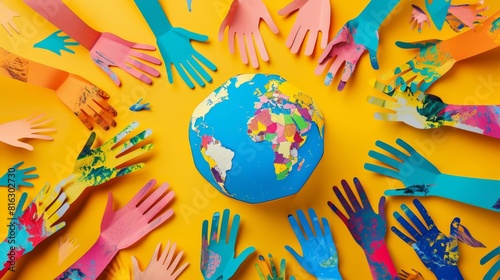 World Population Day. A colorful paper cut out of hands surrounding the earth. World day as diverse cultures and multiculturalism society.