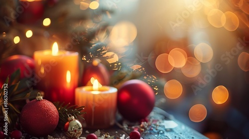 A Christmas tree with candles and red ornaments