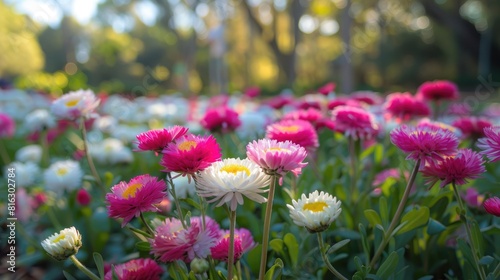 Capturing the pink and white blooming Bellis perennis in the park photo