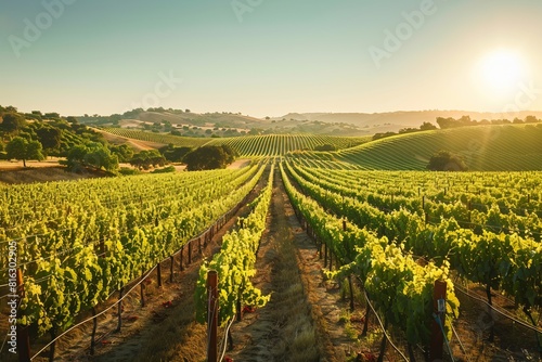 A field of grape vines with a sun shining on them