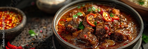 Indonesian Rendang Padang Sumatran Beef Stew, fresh foods in minimal style photo