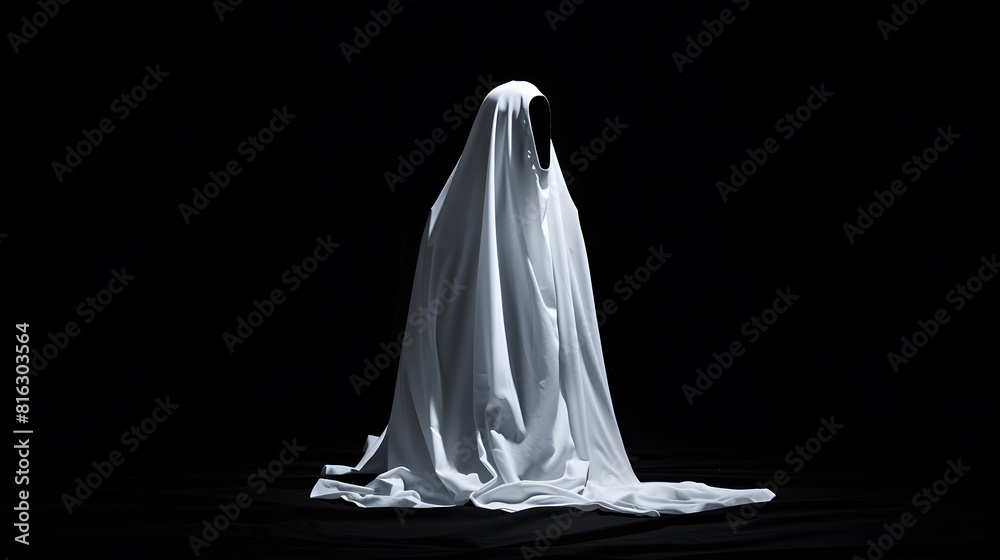 Ghost costume made from a white sheet on a black background Halloween party outfit : Generative AI Ghost costume made from a white sheet on a black background Halloween party outfit : Generative AI