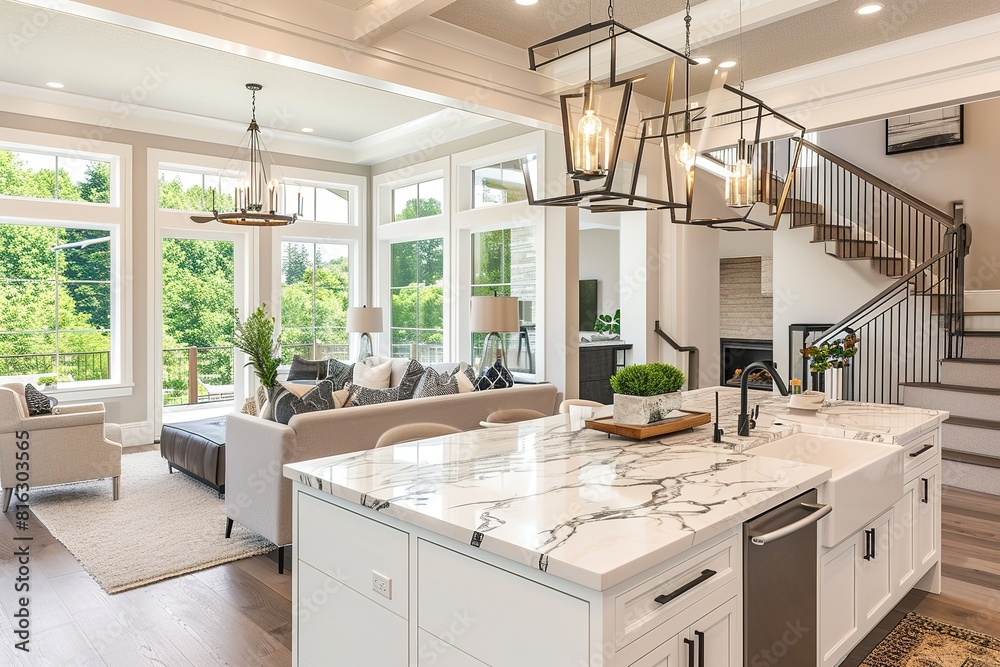 Kitchen and living room interior in new luxury home with open concept ...